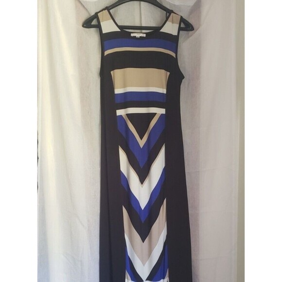 Studio One Maxi Dress Size XS Color Block Striped Blue Black Tan Stretchy - Picture 3 of 12